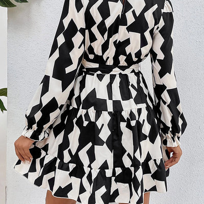 Autumn Sexy Shirt Geometric Abstract Print Long Sleeve Slim Dress