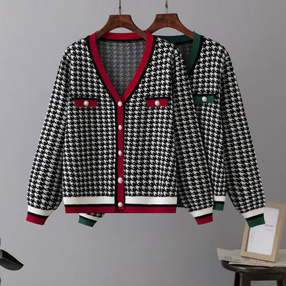 Fall Retro Chanel Knitted Cardigan Houndstooth V neck Korean Coat Women