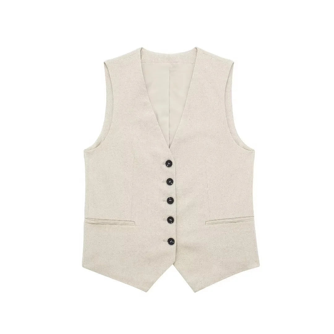 Women Linen Blended Vest Casual Shorts Suit