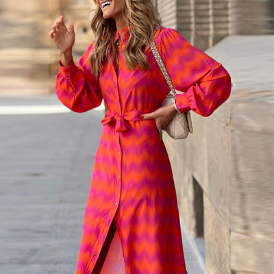 Autumn Women Clothing Printed Lace-up Contrast-Color Bohemian Split Dress