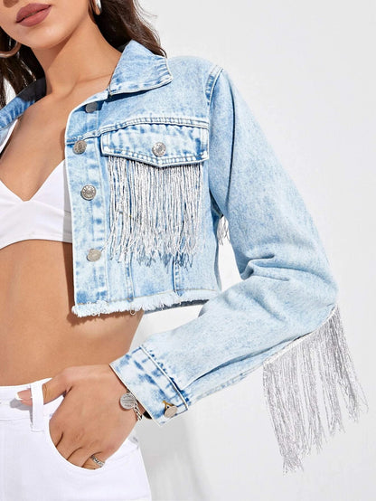 Women Clothing Tassel Denim Jacket Women Same Denim Short Jacket