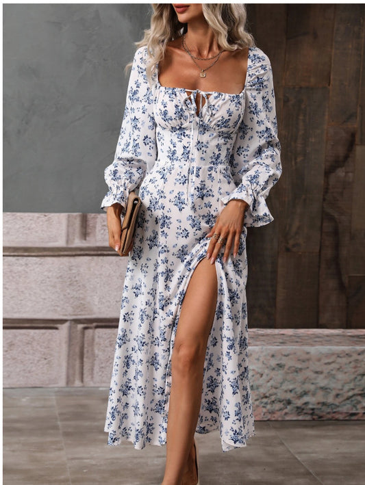 Autumn Floral Print Slit Square Collar Slimming Long Sleeve Dress