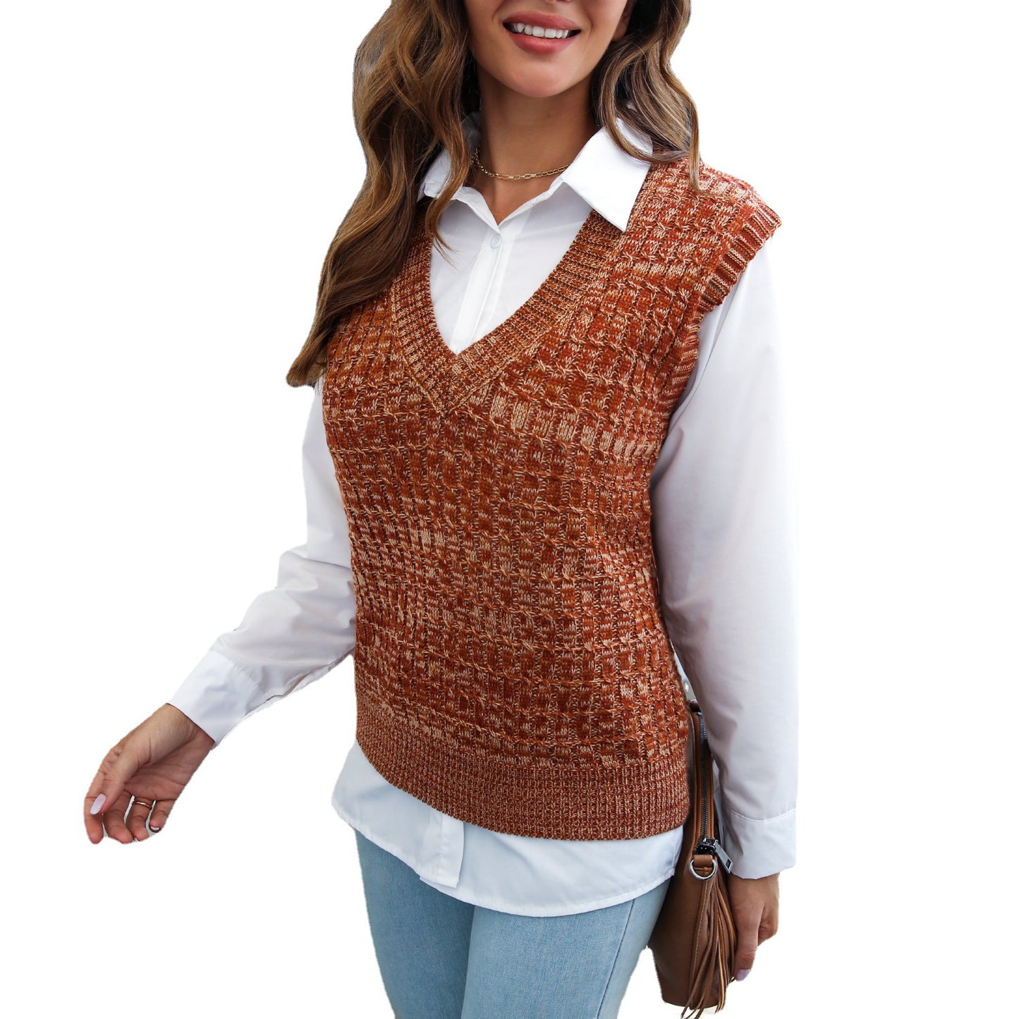 Women Clothing Autumn Winter Street V neck Mixed Color Pullover Sweater Vest