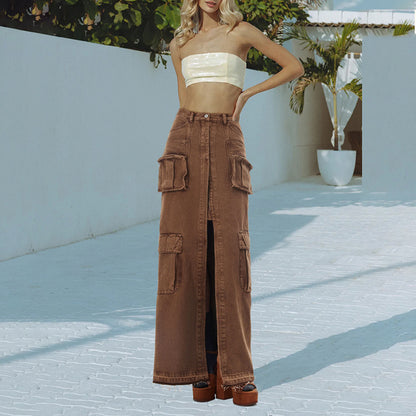 Hipsters High Street Spring High Waist Long Straight Front Slit Design Denim Solid Color Women  Skirt
