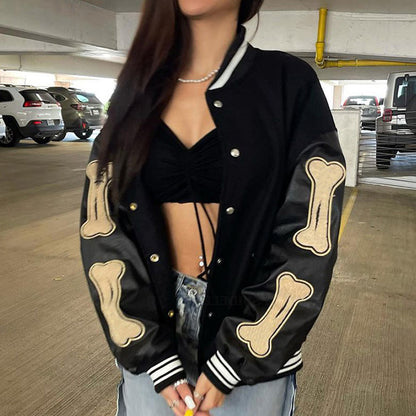 Women  Clothing Varsity Jacket Leather Sleeve Stitching Bone Embroidery Autumn Winter Padded Jacket Women