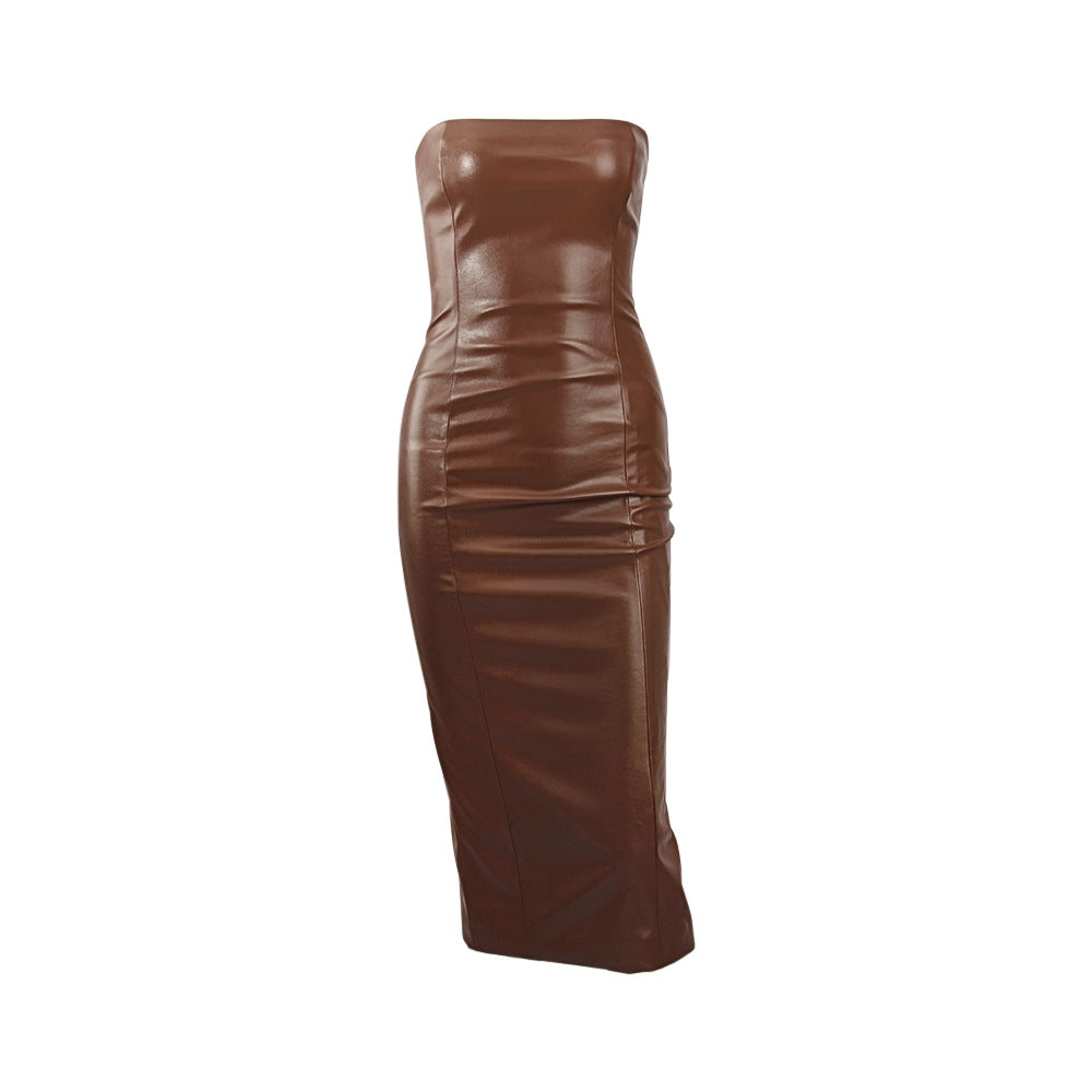 Autumn Winter Solid Color Faux Leather Elegant Slim-Fit Tube Top Back Slit Sexy Midi Dress