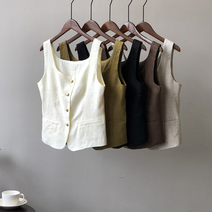 Retro Linen Vest for Women Autumn Special-Interest Square Collar Sleeveless Short Top