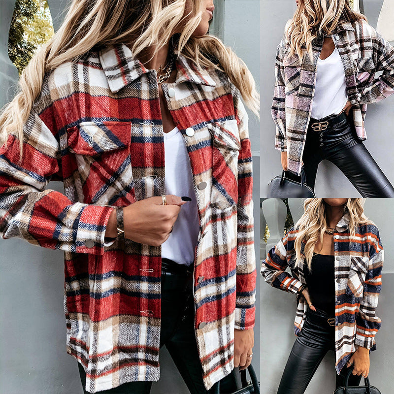 Autumn Winter Women Clothing Plaid Long-Sleeved  Single-Breasted Casual Outerwear Shacket Jacket Outerwear