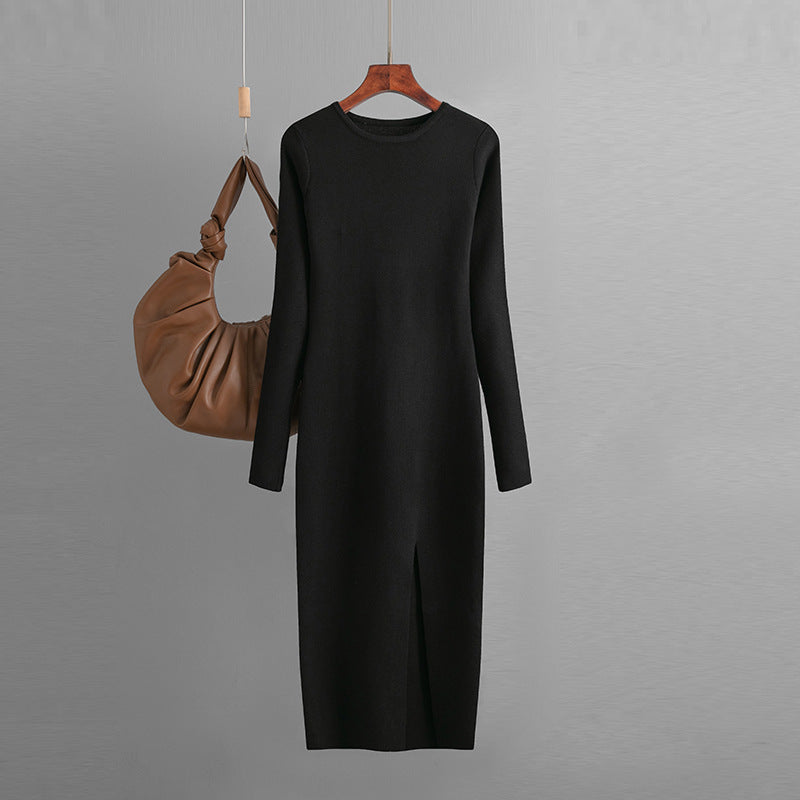 Autumn Winter Slim Fit Knitted Dress Women Inner Wear Outer Wear Mid Length Long Sleeve Tight Bottoming Hip