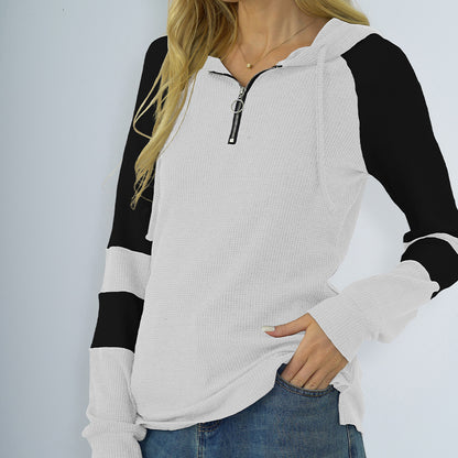 Spring Autumn Loose Hooded Stitching Drop Shoulder Solid Color T shirt with Long Sleeves Hoodie Women