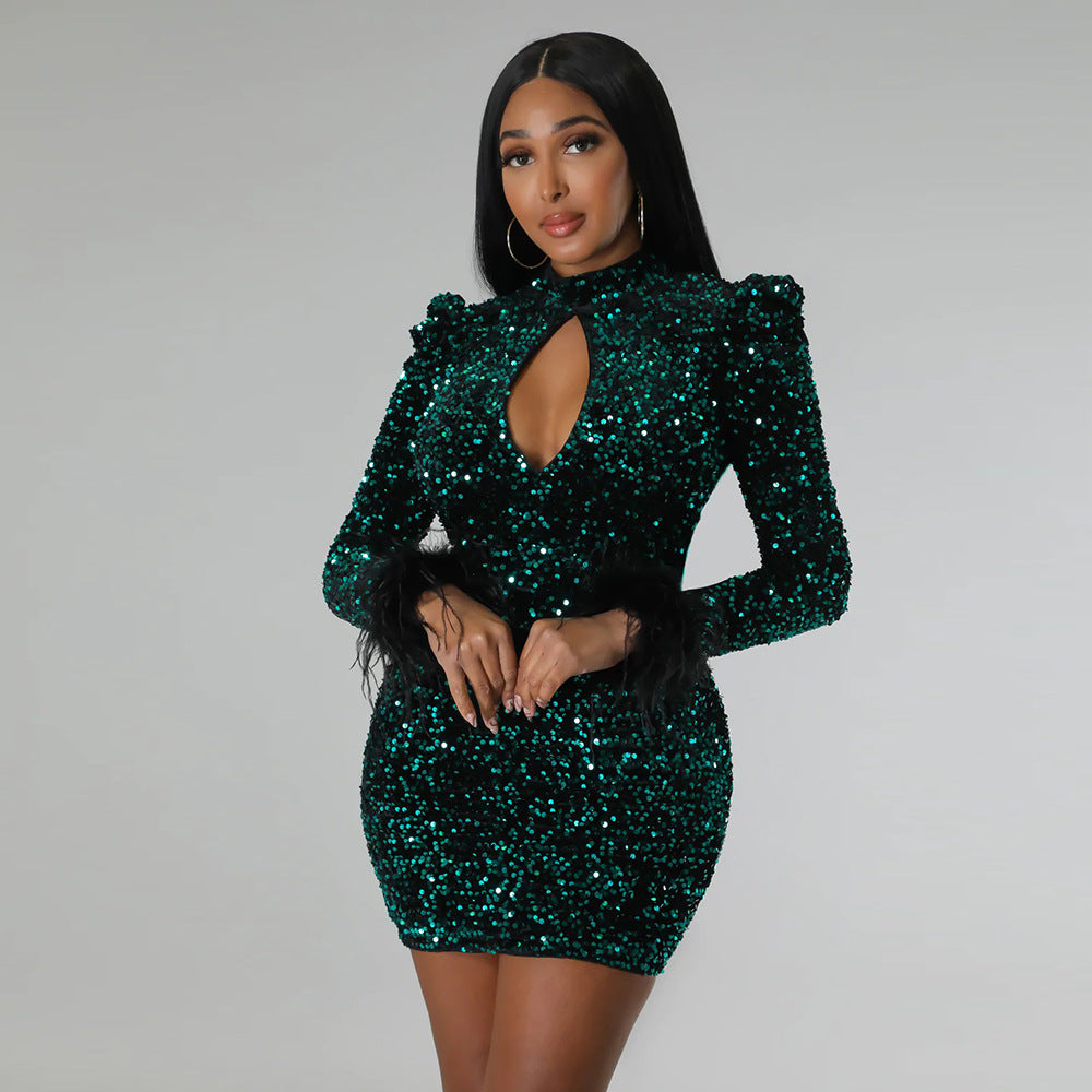 Sexy Backless Cutout Out Evening Sequined Long Sleeved Dress