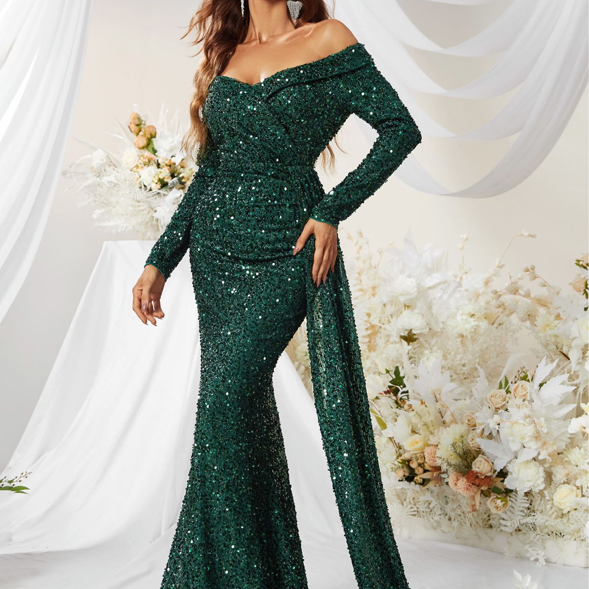 Dress Premium Sequined off Shoulder Long Sleeve Ball Gown Fishtail Dress