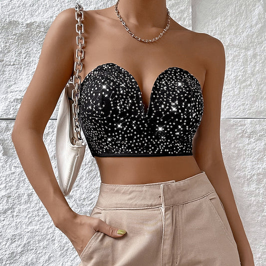 Spring Summer Nightclubs Street Sequ Deep V Plunge Niche Design Tube Top