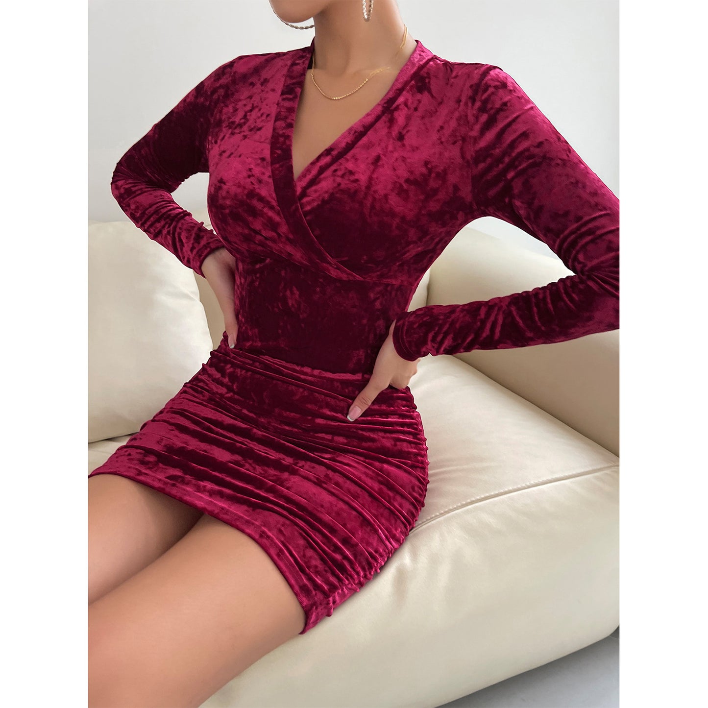 Autumn Winter Velvet Dress Women Clothing V-neck Sexy Slim Hip Dress