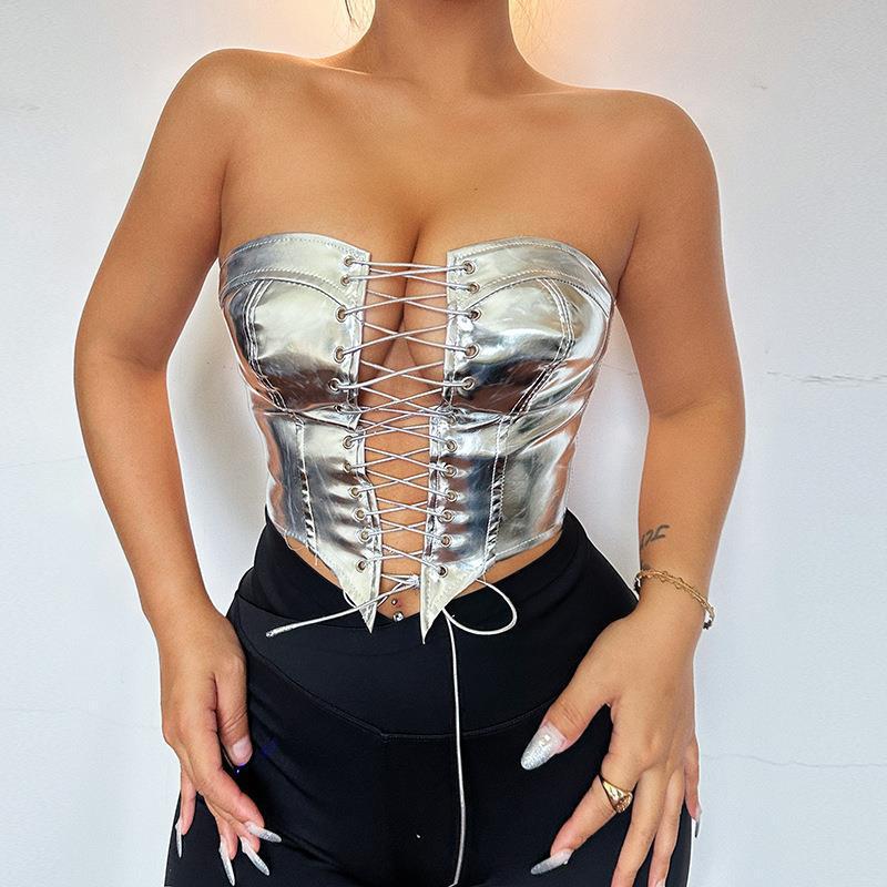 Metallic Coated Fabric Women Clothing Hipster Sexy Bandeau Sexy Top Waist Corset Slim Fit Tank Top
