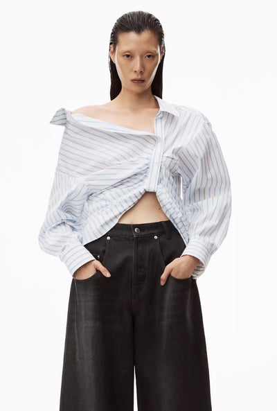 Special Interest Design Spring Summer King White Striped Asymmetric Buckle Pleated Long Sleeve Loose Shirt Women