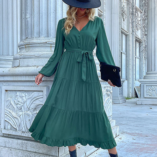 Women Wear Autumn Winter Long Sleeve Pleated Green Dress