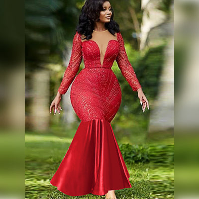 Sequined Sexy Low Cut Stitching Mesh Dress Elegant Party Fishtail Dress Swing Dress