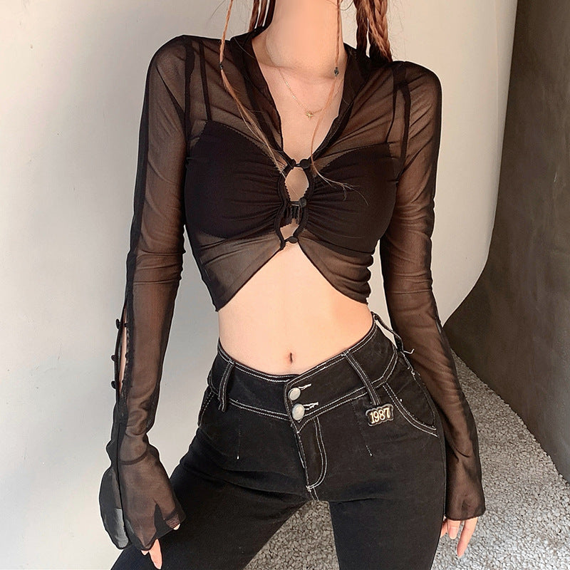 Fall Women Clothing Sexy cropped Hollow Out Cutout out Stitching Mesh See through Long Sleeve Top