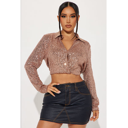 Fall Sequin Shirt Sexy Women Wear Sexy Solid Color Buttons Shirt Long Sleeve Sequined Shirt