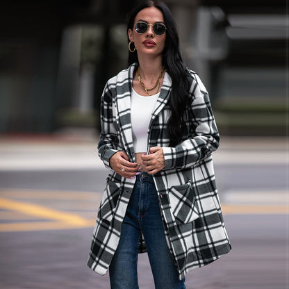 Autumn Winter Women Collared Pocket Plaid Wool Coat