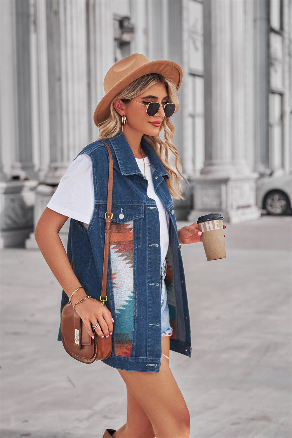 Geometric Abstract Denim Color Matching Vest Coat Loose Casual Women