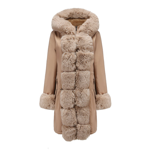 Winter Cotton Coat Women Detachable Fur Collar Mid Length Long Sleeve Parka Solid Color Hooded Warm Cotton Padded Jacket