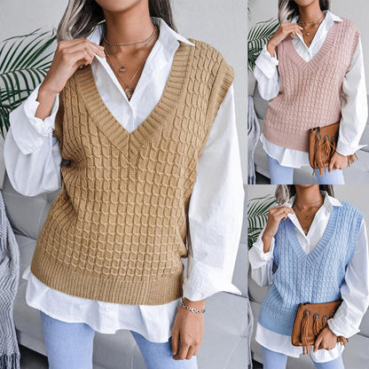 Women Pink Sweater V-neck Knitted Vest Vest Solid Color Women Top