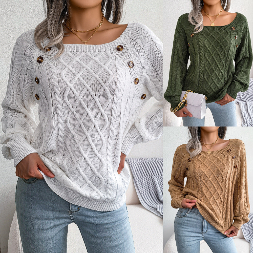 Autumn Winter Casual Square Collar Clinch Twist Knitted Pullover Sweater Women Clothing