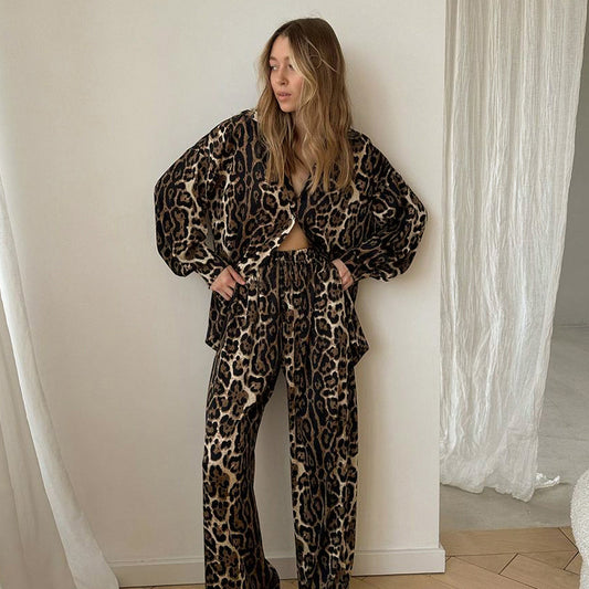 Leopard Print Printed Loose Long Sleeves Comfortable Trousers Two Piece Ladies Homewear