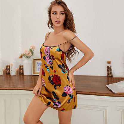 Pajamas Women Sexy Printed Spaghetti Straps Sleeveless Short Nightdress Casual Loose Thin Homewear