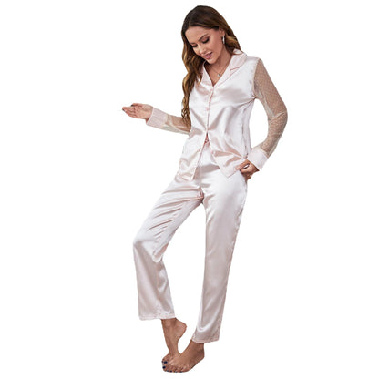Home Wear Suit Artificial Silk Solid Color Mesh Long-Sleeved Pajamas Women