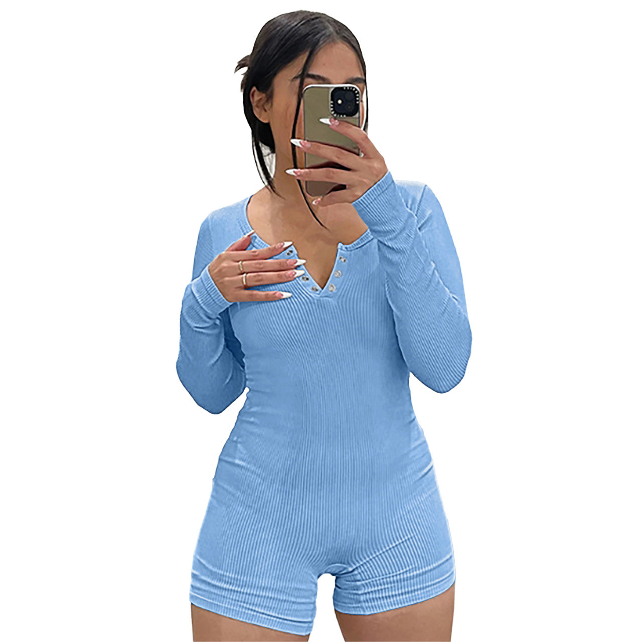 Women Clothing Spring Thread round Neck Breasted Sports Casual Romper