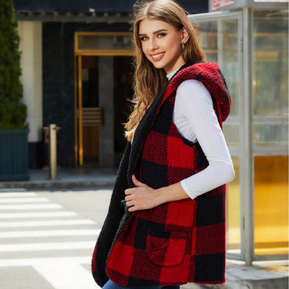 Fall Women Clothing Loose Hooded Buckle Cardigan Plaid Plush Vest Coat Women