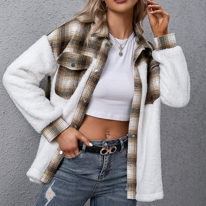 Thick Cashmere color block Long Sleeve Plaid Stitching Loose Casual Plush Plaid Shacket Jacket Coat Top Women