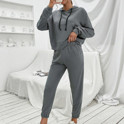 Loose Casual Solid Color Hooded Sweater Outdoor Sports Suit for Women