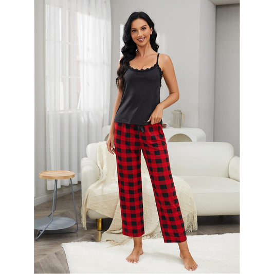 Pajamas Women Summer Suspender Plaid Trousers Home Wear Suit Meike