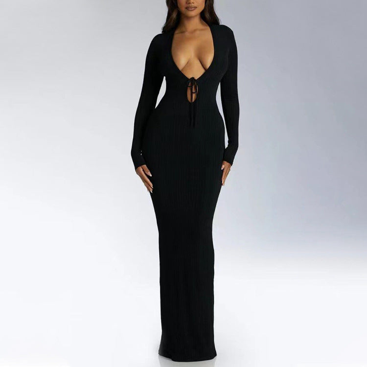 Sexy Deep V Plunge One Step Dress Solid Color Slim Fit Sexy Long Sheath Dress Women