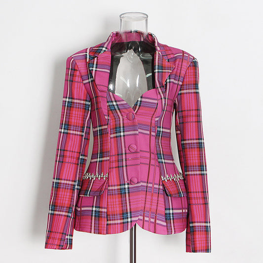Personalized Backless Spring Autumn Single Breasted Plaid Short Western Women Coat