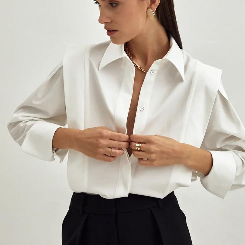 Spring New Right Angle Shoulder White Shirt Women Office Dignified Sense of Design Niche Long Sleeve Shirt