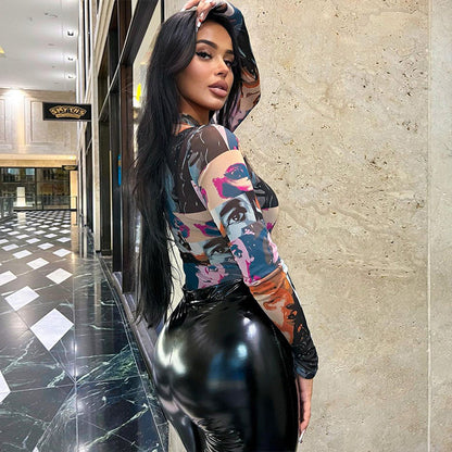 Women Clothing Spring Printed Tight Jumpsuit