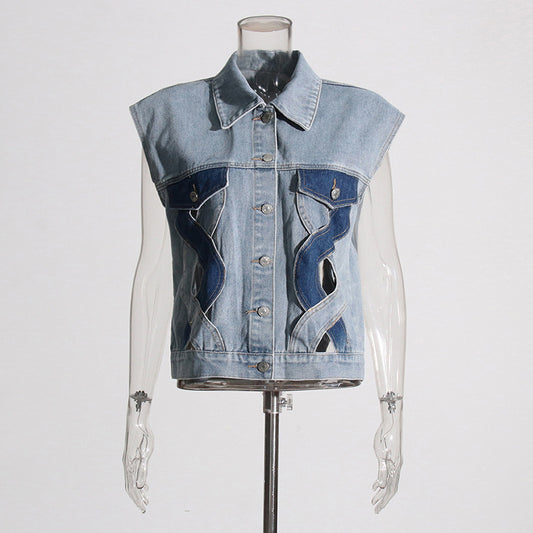 Fall Casual Comfortable Denim Waistcoat Vest Stitching Twist Design Women  Denim Vest