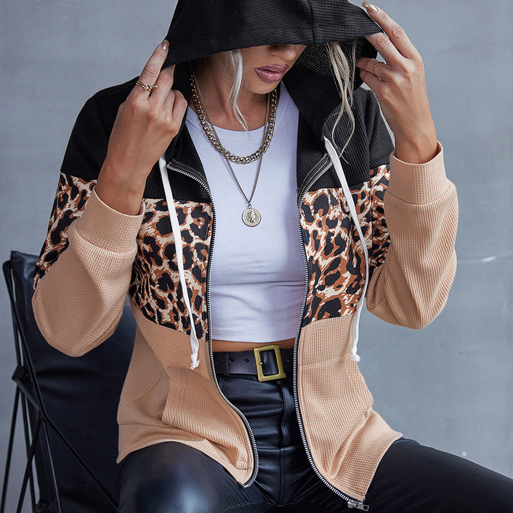 Leopard Print Patchwork Hoodie Color Matching Zipper Cardigan Coat Top Women