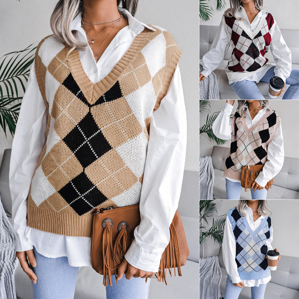 Autumn Winter College Rhombus V-neck Casual Loose Knit Vest Sweater Women Clothing