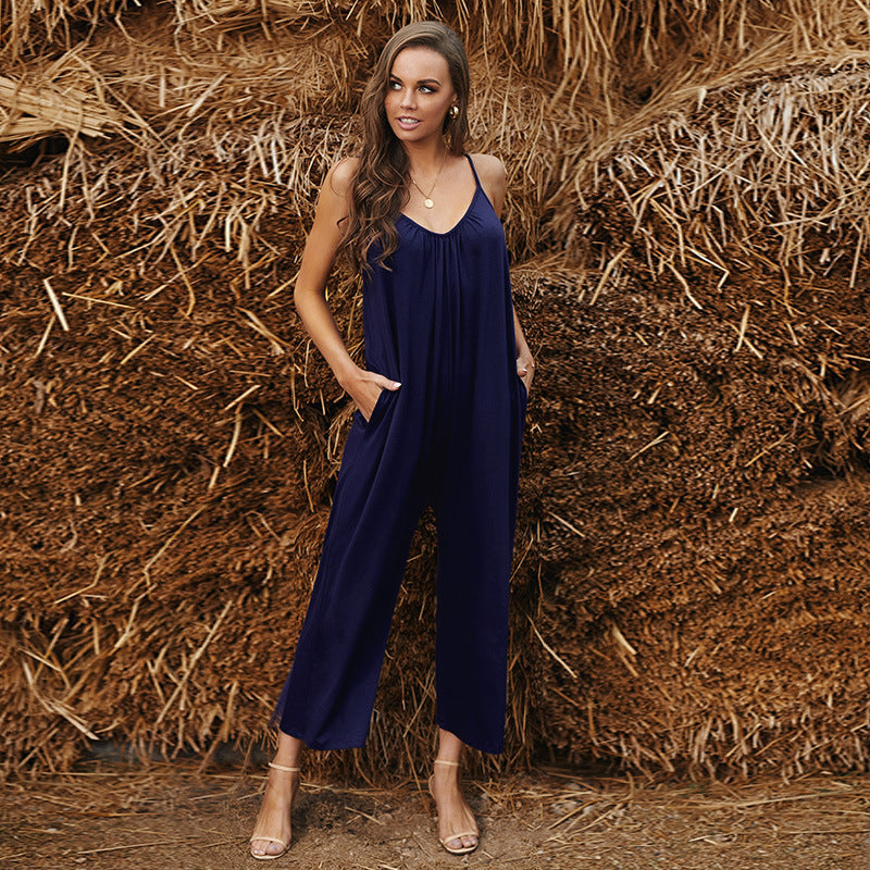 Summer Casual Suspender Jumpsuit Women Loose Solid Color Simple Wide Leg Pants