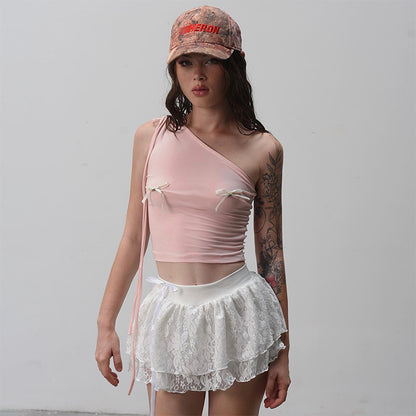 Sweet Spicy Pink Shoulder Lace up Three Dimensional Bow Pink Short Top Women Summer