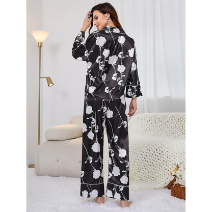 Women Spring Autumn Artificial Silk Plant Printed Long Sleeved Trousers Home Wear Suit