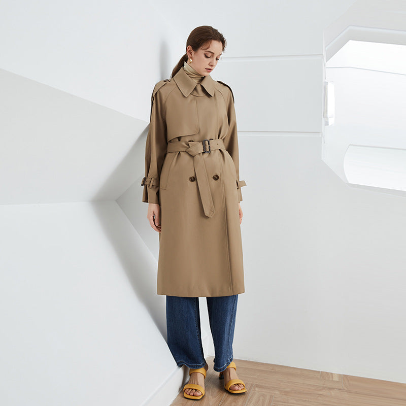 Element Autumn Winter British Double Breasted Loose Drooping Extended Trench Coat for Women