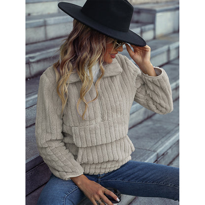 Autumn Winter Women Wear Collared Long Sleeve Pullover Half Zipper Sunken Stripe Plush Casual Sweatshirt