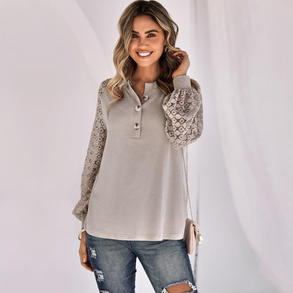 Autumn Winter Trendy Long Sleeve Pullover Casual Lace Button Top Women